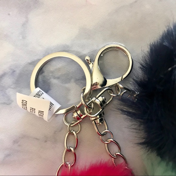 Mint Green, Pink & Navy Blue Pom Pom Keychain - Picture 2 of 3